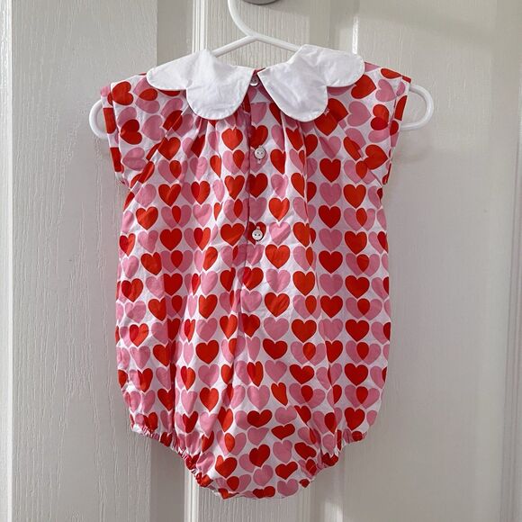 Jacadi Paris Scallop Collar Pink Red Heart Bubble Romper Girls Size 6 Months - Picture 7 of 9